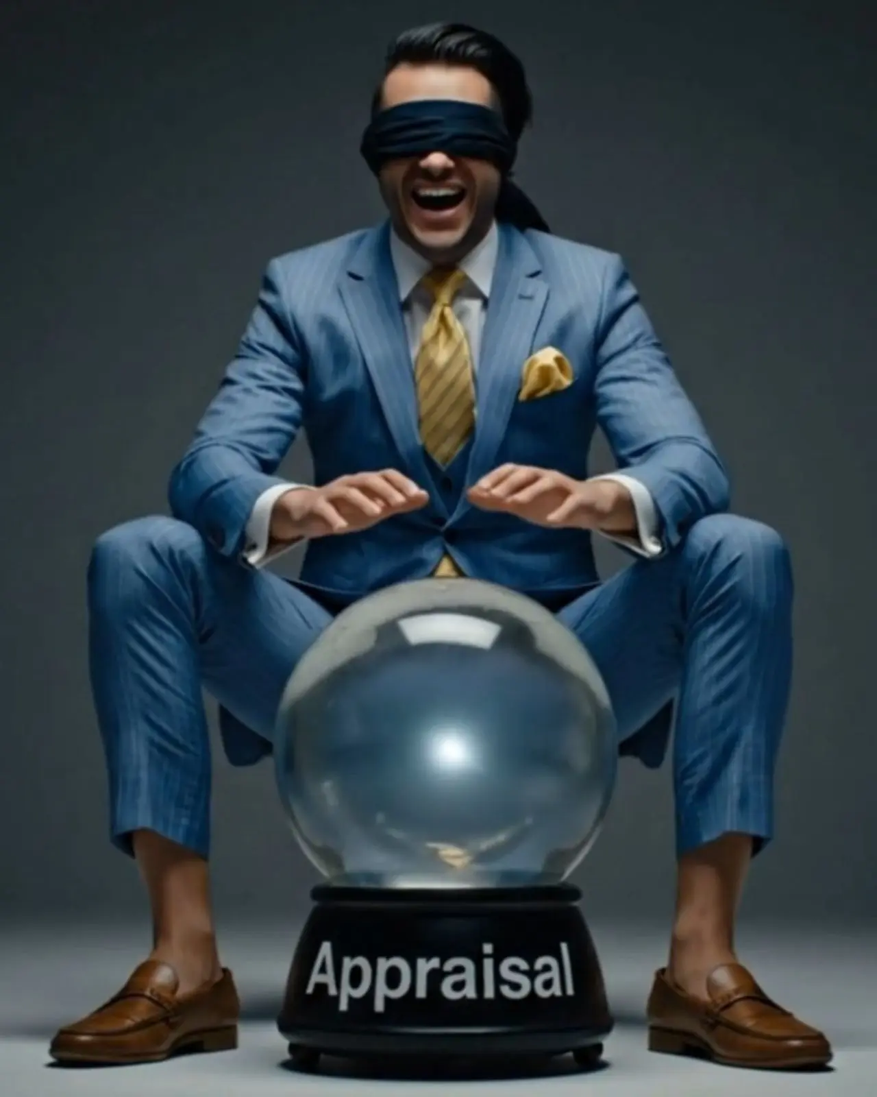 Blindfolded Businessman Predicting Appraisal Outcomes Blindfolded businessman in a blue suit laughing while holding hands over a crystal ball labeled "Appraisal."
