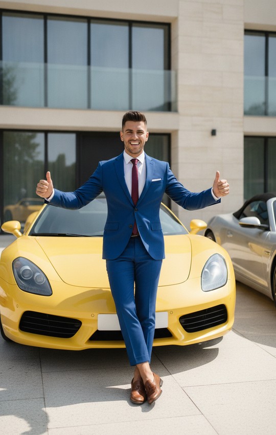 Confident real estate agent with luxury sports car (portrait) Smiling real estate agent giving a double thumbs-up in front of a yellow sports car outside a modern home, portrait orientation