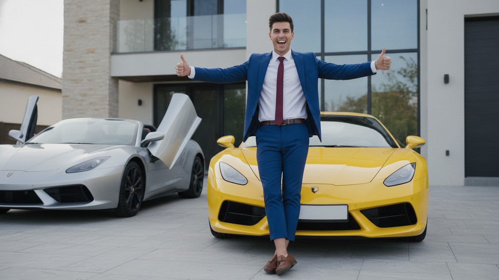 Confident real estate agent with luxury sports car Smiling real estate agent giving a double thumbs-up in front of a yellow sports car and a silver convertible outside a modern home