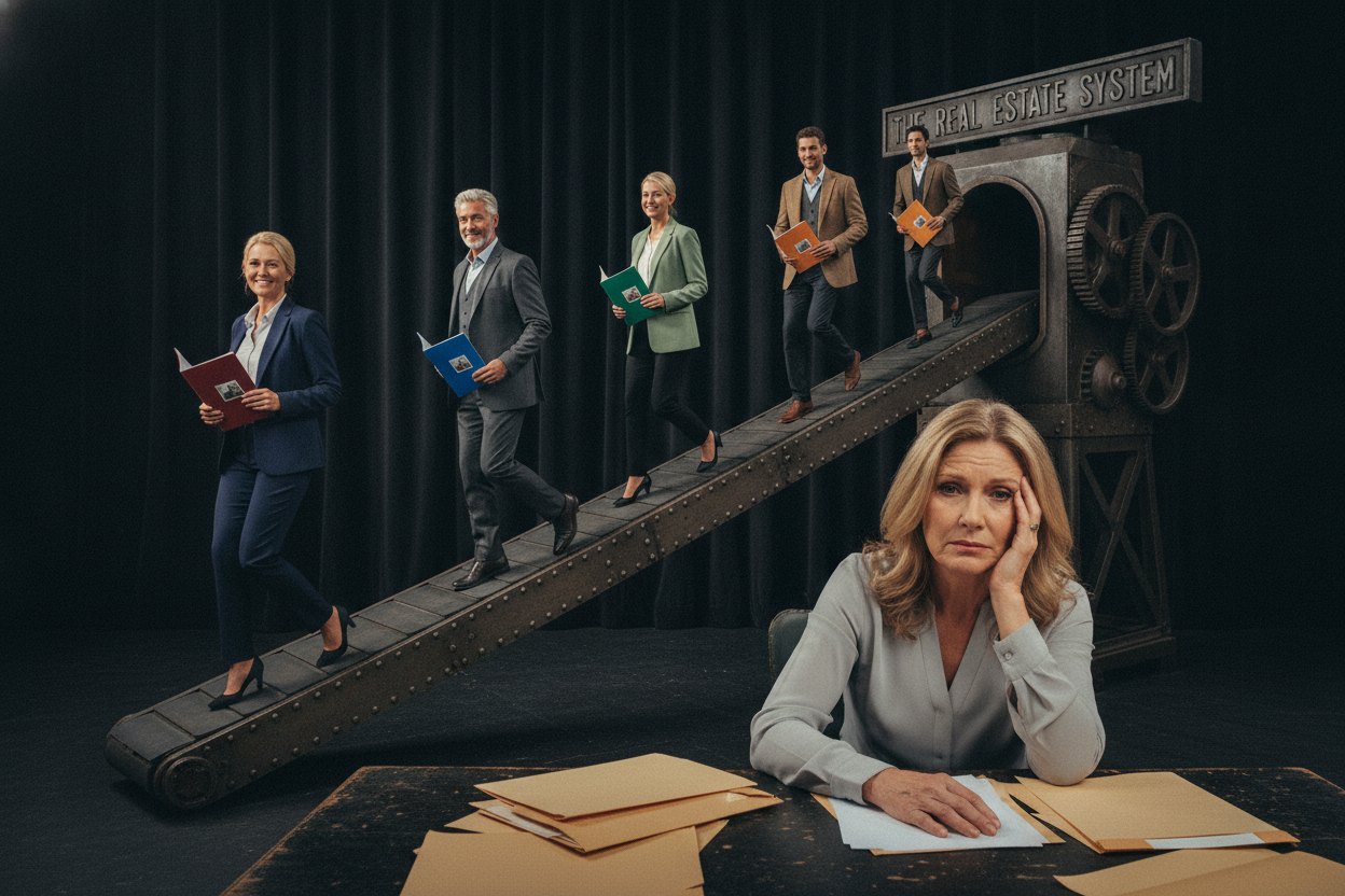 Real estate agents coming off a conveyor belt out of a machine labelled The Real Estate System, while an overwhelmed home seller sits at her desk